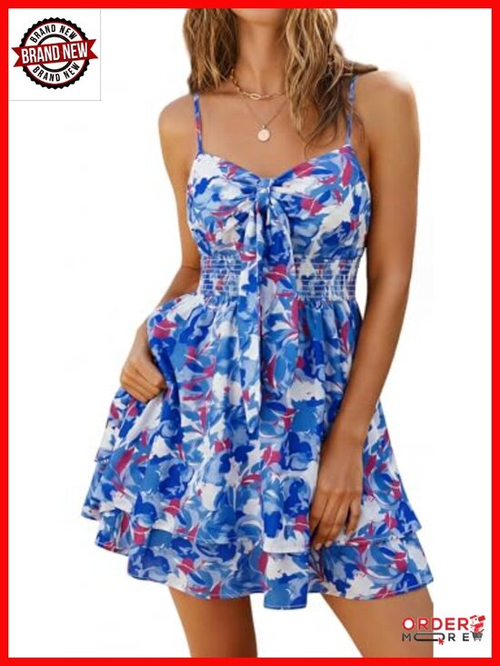 Dresses & Skirts - Floral Mini Dress with Pockets, Spaghetti Strap Cutout